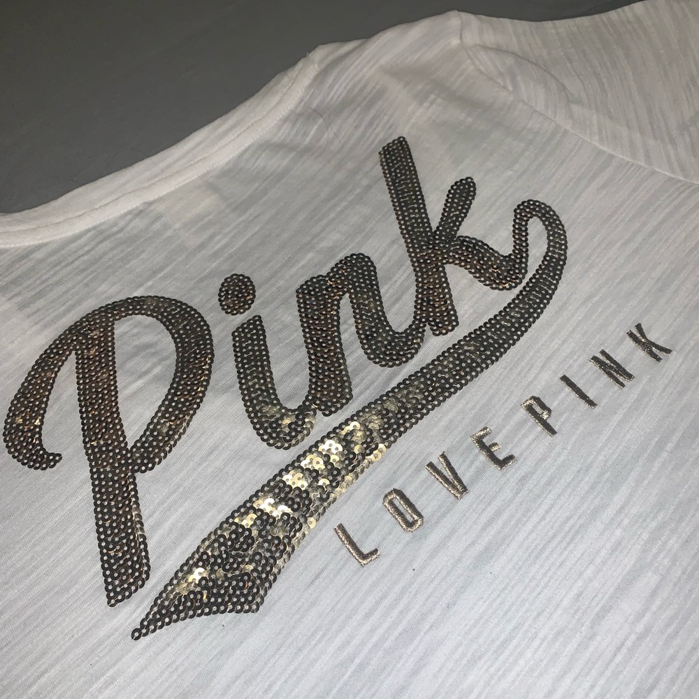 White V Neck w/ GOLD Sequin Logo on back by Pink!
